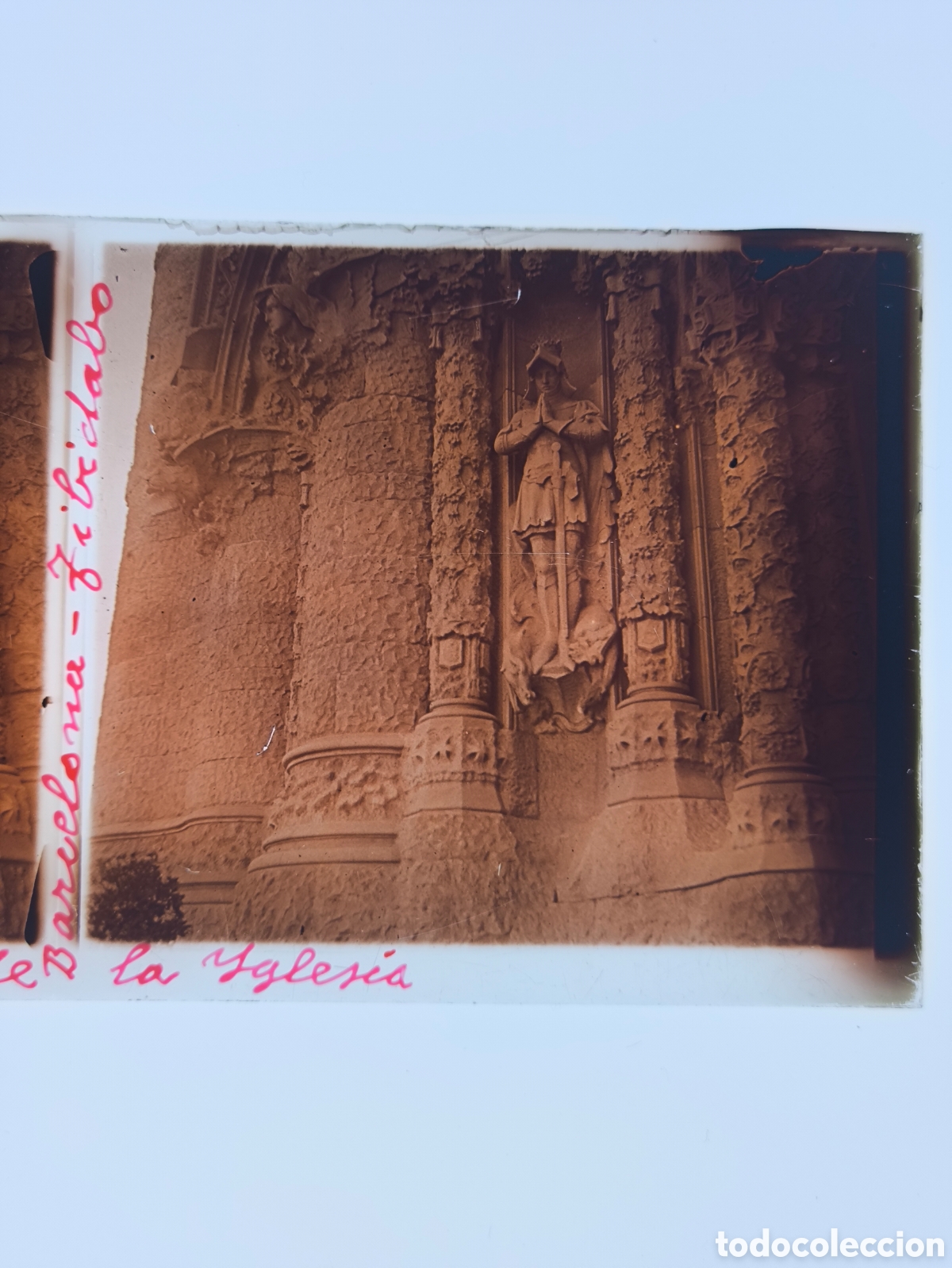 Fotograf&iacute;a antigua: Antigua placa cristal vidrio estereosc&oacute;pico Sant Jordi Templo del Sagrado Coraz&oacute;n Tibidabo Barcelona