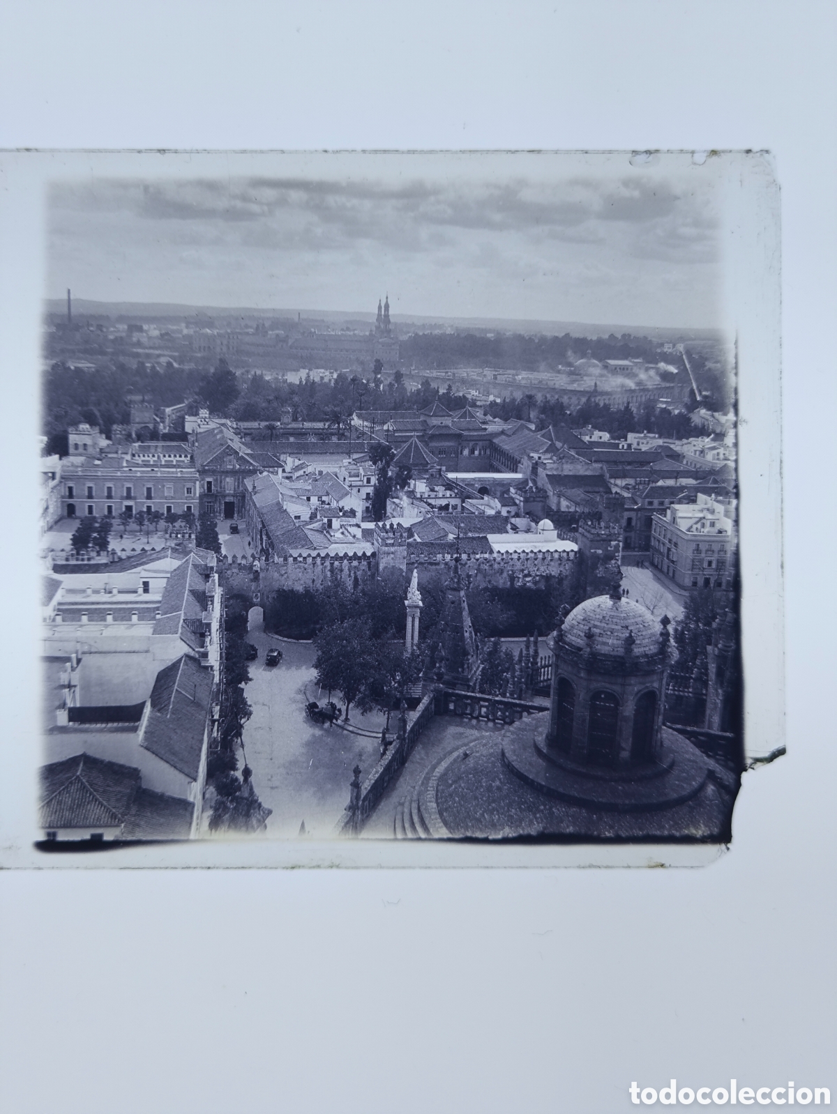 Fotograf&iacute;a antigua: Antigua placa cristal vidrio estereosc&oacute;pico Catedral Real Alc&aacute;zar Plaza del Triunfo Vistas Sevilla