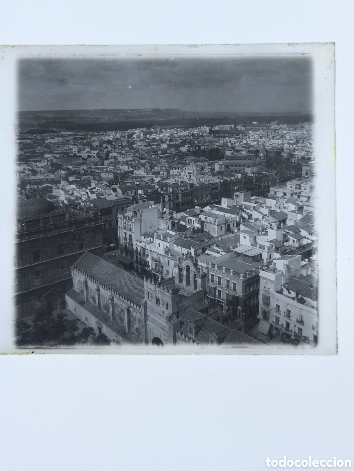 Fotograf&iacute;a antigua: Antigua placa cristal vidrio estereosc&oacute;pico Panor&aacute;mica de la ciudad desde alto de la Giralda Sevilla