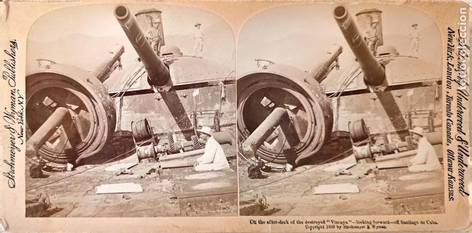 Fotografia antica: 1899 Fotograf&iacute;a estereosc&oacute;pica cubierta acorazado Vizcaya hundido en la Guerra de Cuba