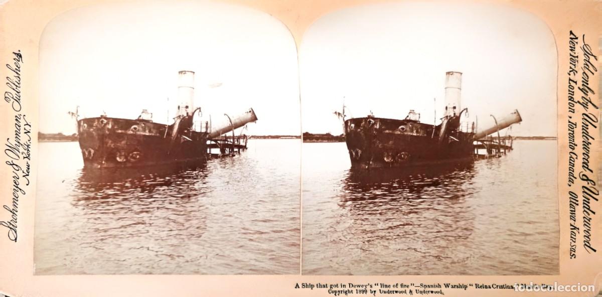 Fotografia antica: 1899 Fotograf&iacute;a estereosc&oacute;pica crucero Reina Cristina hundido Batalla Bah&iacute;a de Manila Filipinas