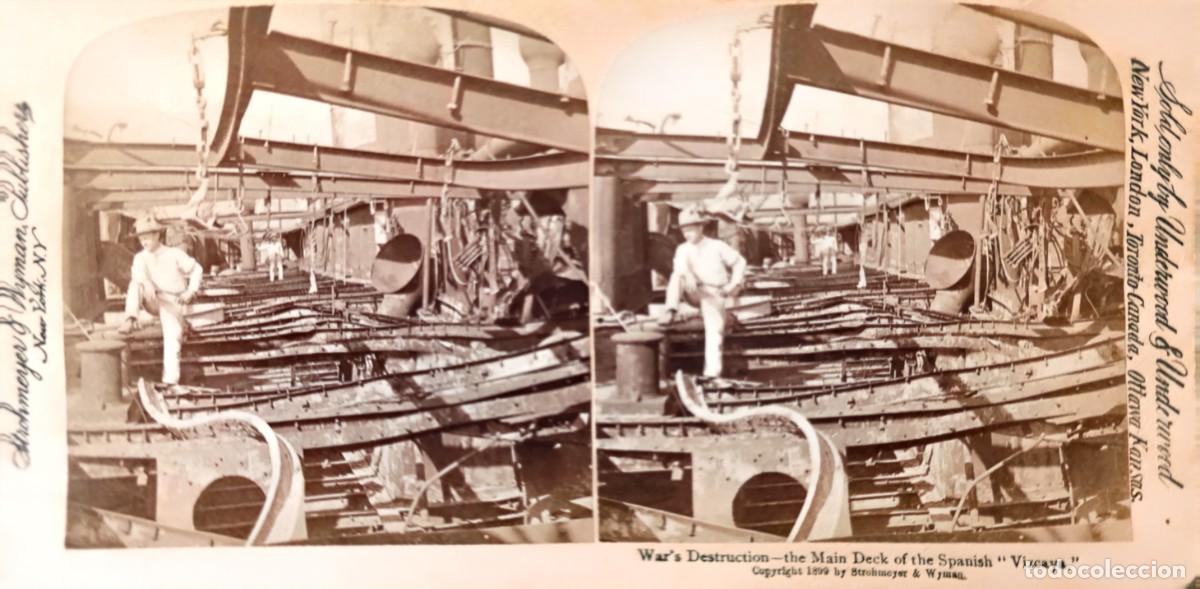 Fotografia antica: 1899 Fotograf&iacute;a estereosc&oacute;pica cubierta acorazado Vizcaya hundido en la Guerra de Cuba
