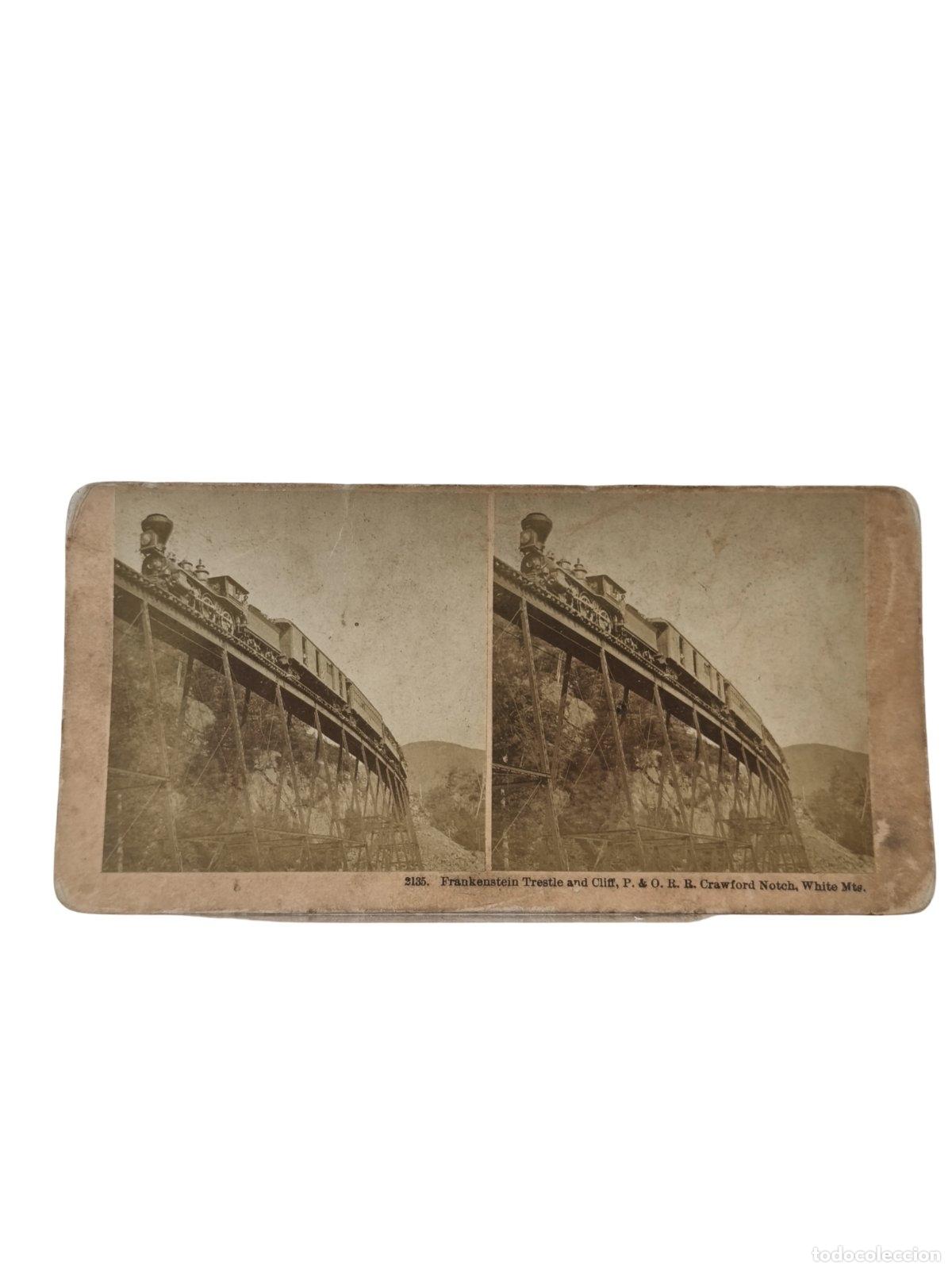 Fotograf&iacute;a antigua: Foto Estereosc&oacute;pica Antigua. Frankenstein Trestle and Cliff Crawford Notch Tren Locomotora. Kilburn