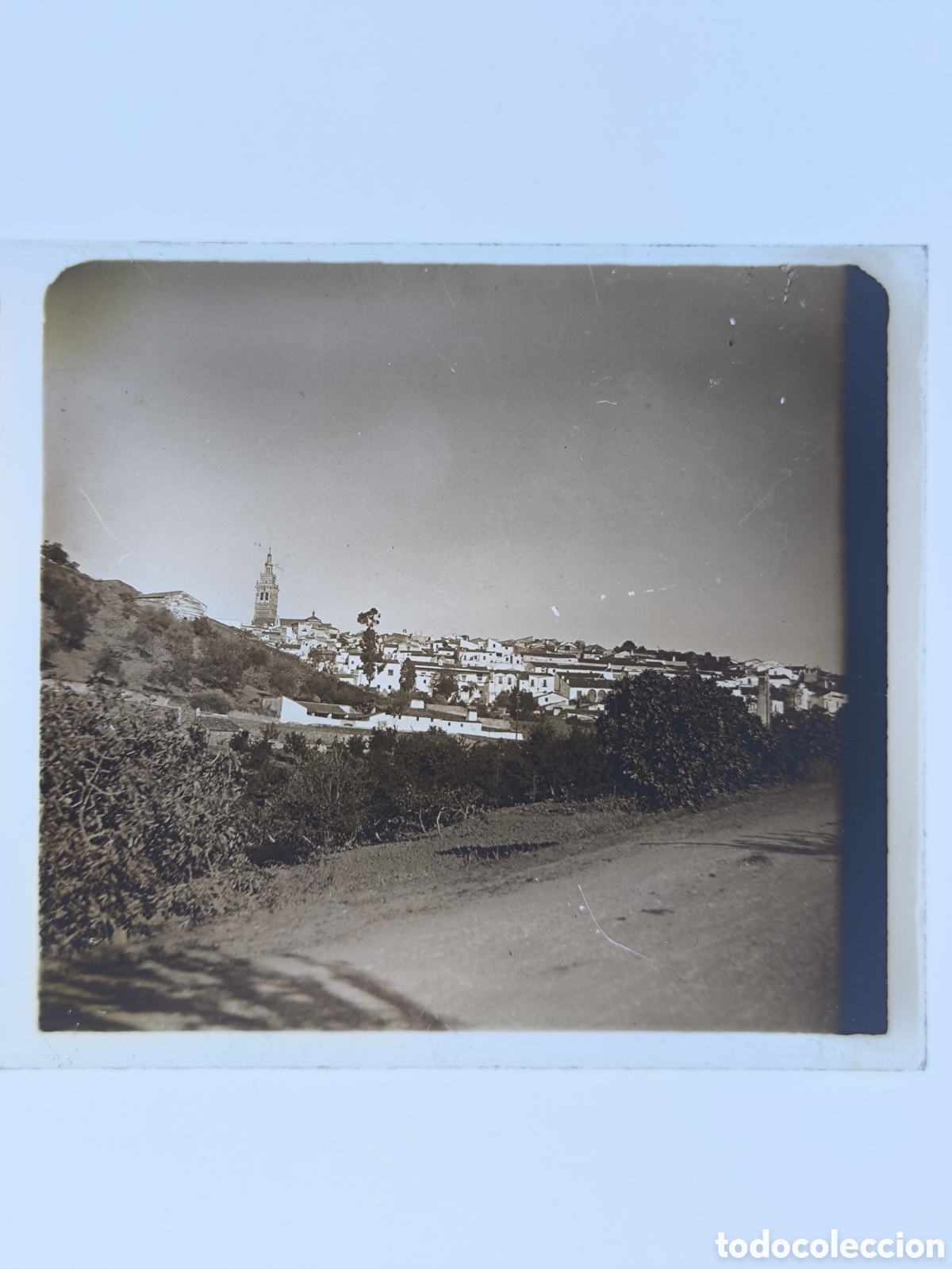Fotograf&iacute;a antigua: Placa cristal vidrio estereosc&oacute;pico Vista Iglesia San Bartolom&eacute; Jerez de los Caballeros Badajoz