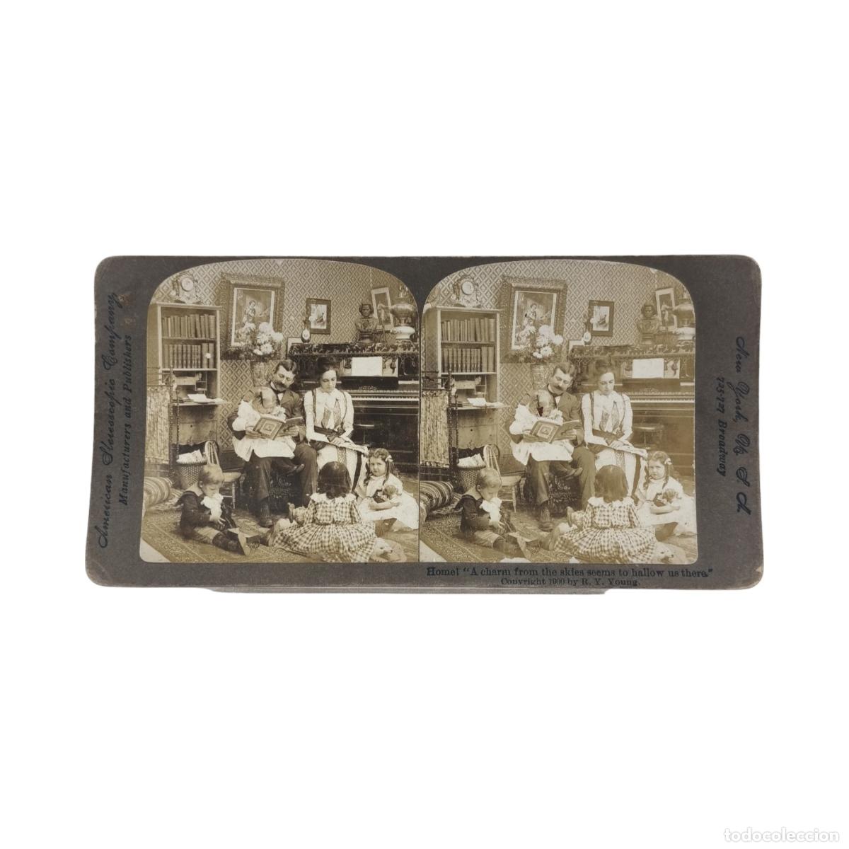 Foto Estereoscópica Antigua. Home! A charm from the skies. Familia Burguesa R...