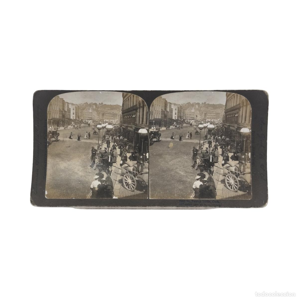 Fotograf&iacute;a antigua: Foto Estereosc&oacute;pica Antigua. St. Patrick Street Cork Irlanda Carros de Caballos Tr&aacute;fico Urbano. R. Y