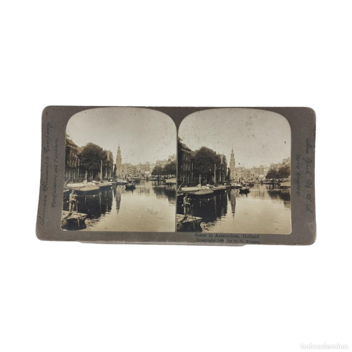 Foto Estereoscópica Antigua. Scene in Amsterdam, Holland Canales de Ámsterdam...