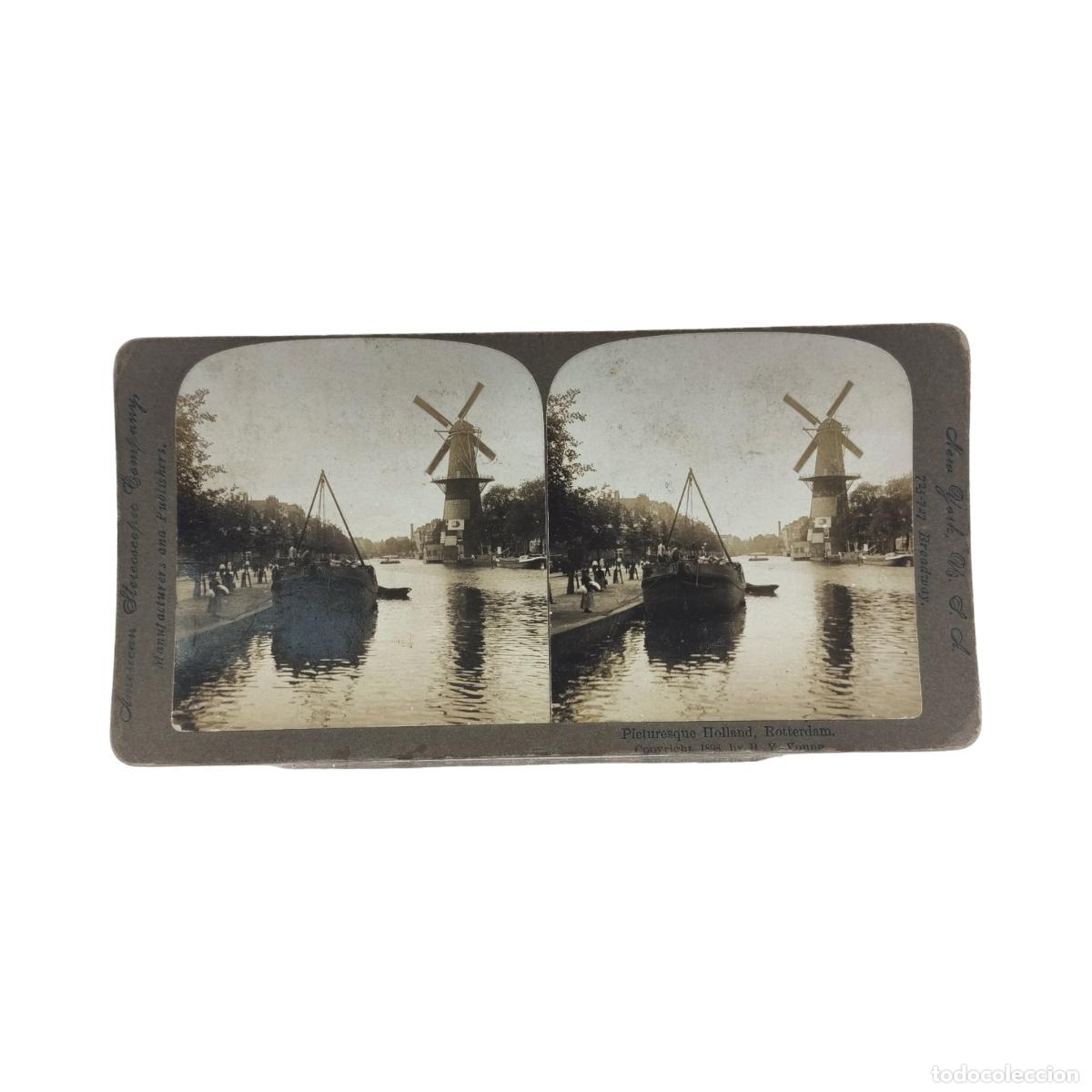 Fotograf&iacute;a antigua: 1898 Foto Estereosc&oacute;pica Antigua. Picturesque Holland, Rotterdam Holanda Molino Canal R. Y. Young. 1