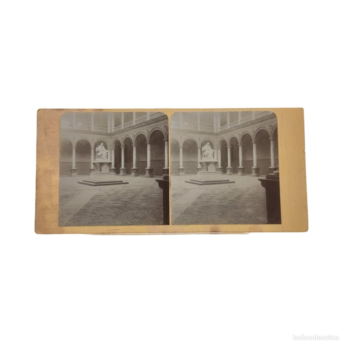Fotograf&iacute;a antigua: Foto Estereosc&oacute;pica Antigua. Sevilla Patio del Archivo de Indias Estatua Ma&ntilde;ara Fotograf&iacute;a Primitiva
