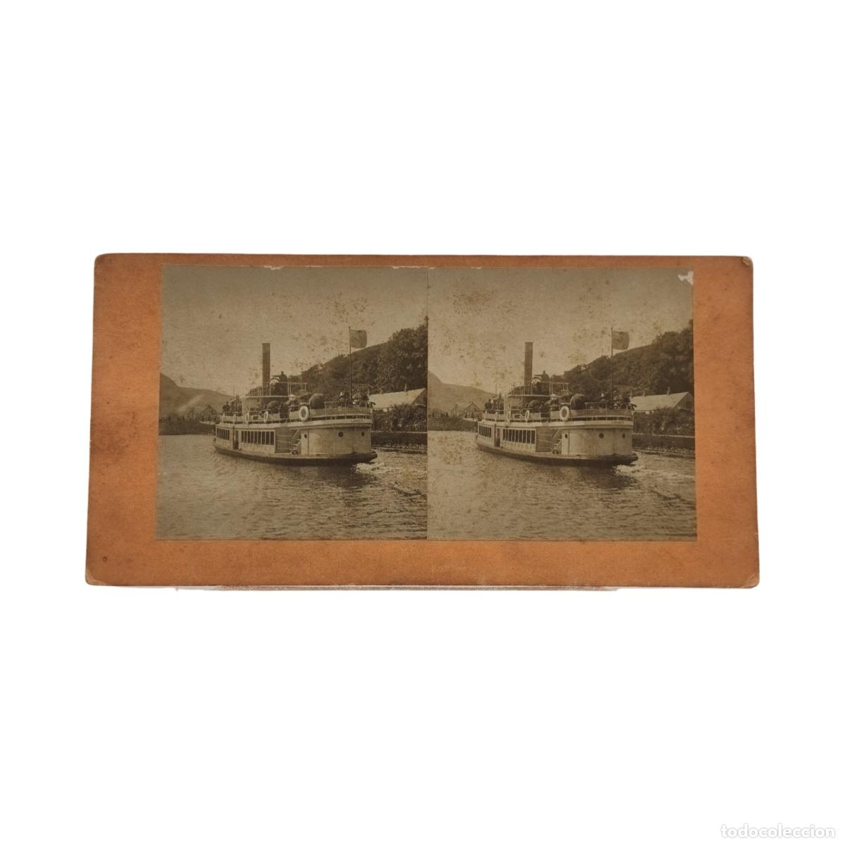 Fotograf&iacute;a antigua: Foto Estereosc&oacute;pica Antigua. Barco de Vapor Canal Fluvial Canal de Escocia Grand Canal c. 1870. 18x9