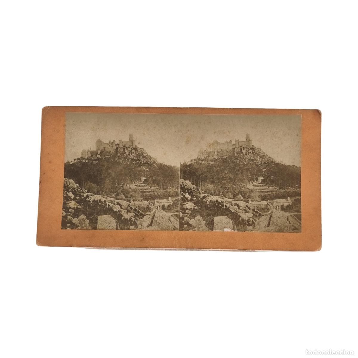 Fotograf&iacute;a antigua: Foto Estereosc&oacute;pica Antigua. Palacio da Pena Sintra Portugal Ch&acirc;teau de la Reine Sintra c. 1870. 18x