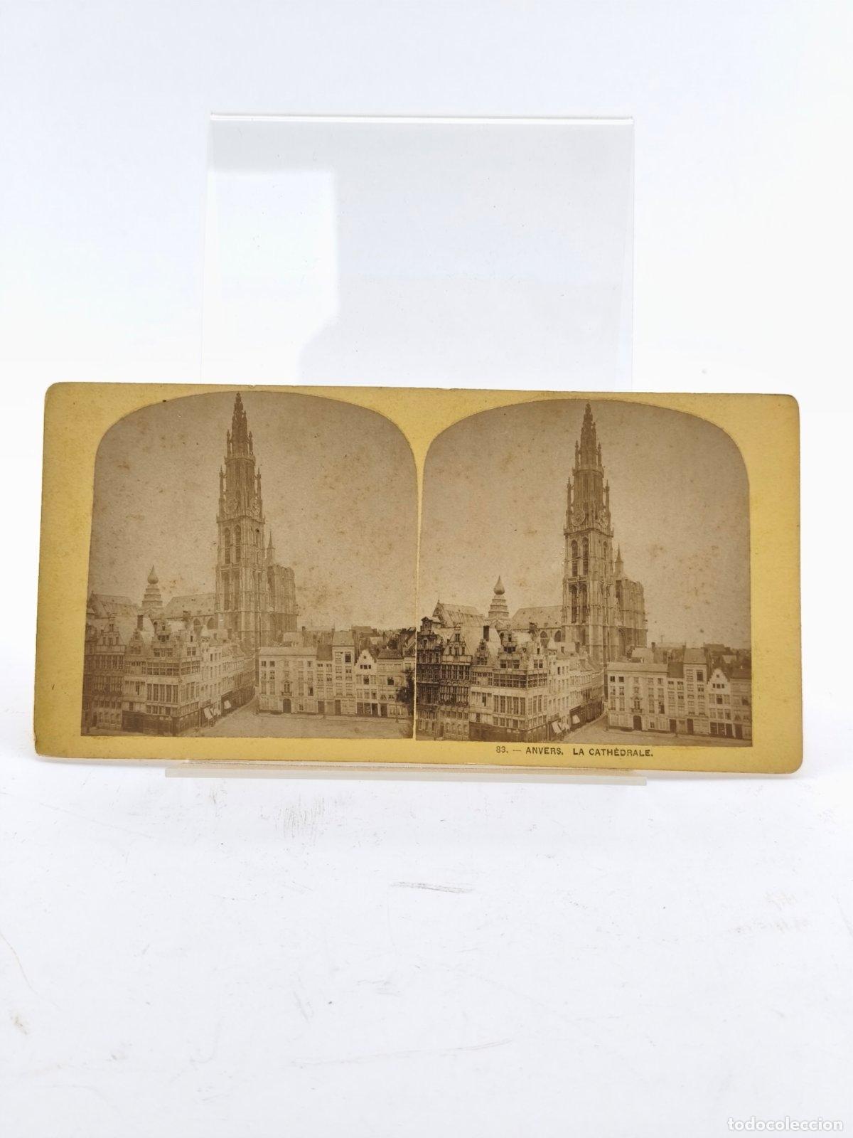 Fotograf&iacute;a antigua: Foto Estereosc&oacute;pica Antigua. 83. Anvers. La Cath&eacute;drale Amberes B&eacute;lgica Catedral c. 1870. 18x9 cm