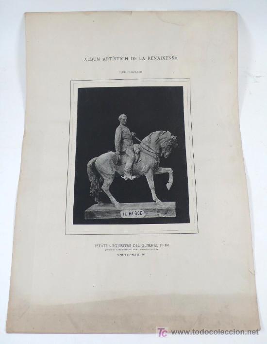 Fotograf&iacute;a antigua: Est&aacute;tua equestre del GENERAL PRIM, 1880's. puigjaner esc. Fototipia pegada sobre hoja.