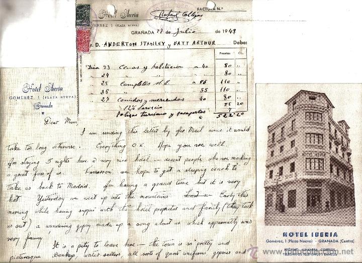 Fotograf&iacute;a antigua: CURIOSIDAD, FOTO HOTEL IBERIA GRANADA, FACTURA Y CARTA A&Ntilde;OS 40, NOMBRE DE ANTIGUOS DUE&Ntilde;OS.
