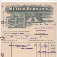 Fotografía antigua: BONITA FACTURA DE MULLER HERMANOS BARCELONA SURTIDOS DE NOVEDAD 1912. Lote 62790128