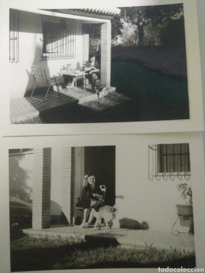 Photographie ancienne: 2 ANTIGUAS FOTOGRAFIAS MUJER COMIENDO Y BORDANDO EN SU PORTAL CON PERRO