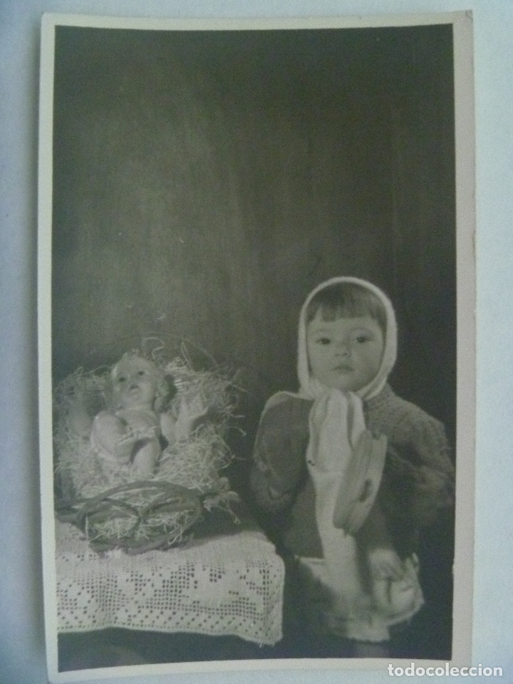 Fotograf&iacute;a antigua: FOTO DE NAVIDAD : NI&Ntilde;A VESTIDA DE PASTORA CON PANDERETA Y NI&Ntilde;O JESUS ... 9 x 14 cm