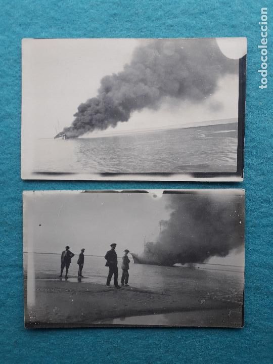 Fotograf&iacute;a antigua: Lote de 2 Fotograf&iacute;as Antiguas. Incendio de una Goleta cargada de Nafta.
