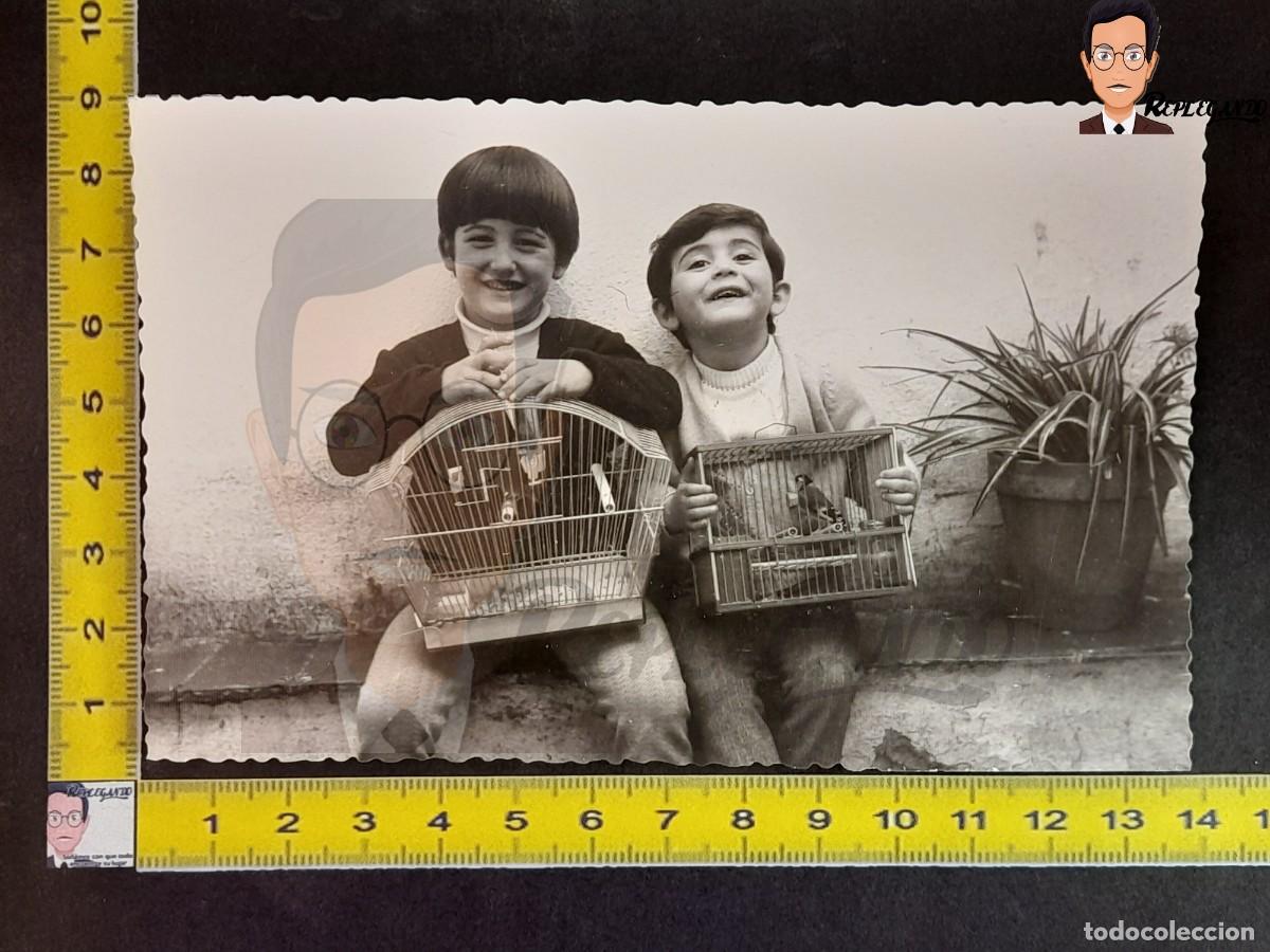 Antique Photography: NI&Ntilde;OS FELICES CON SUS JAULAS DE P&Aacute;JAROS CANARIOS - FOTO ANTIGUA A&Ntilde;OS 60/70 - ESPA&Ntilde;A INFANCIA