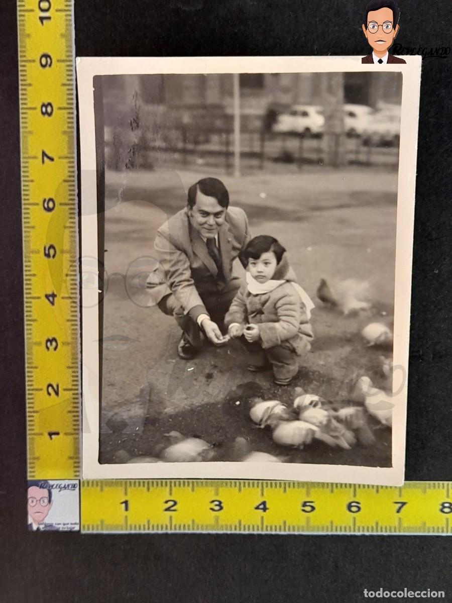 Fotografia antica: HOMBRE Y NI&Ntilde;O DANDO DE COMER A PALOMAS - FOTO ANTIGUA EN BLANCO Y NEGRO - A&Ntilde;OS 50/60 - PARQUE