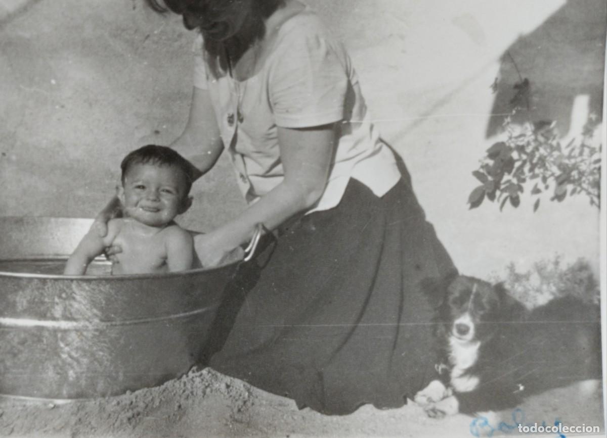 Alte Fotografie: Preciosa fotograf&iacute;a de un beb&eacute; ba&ntilde;&aacute;ndose en un barre&ntilde;o en el patio acompa&ntilde;ado del perro