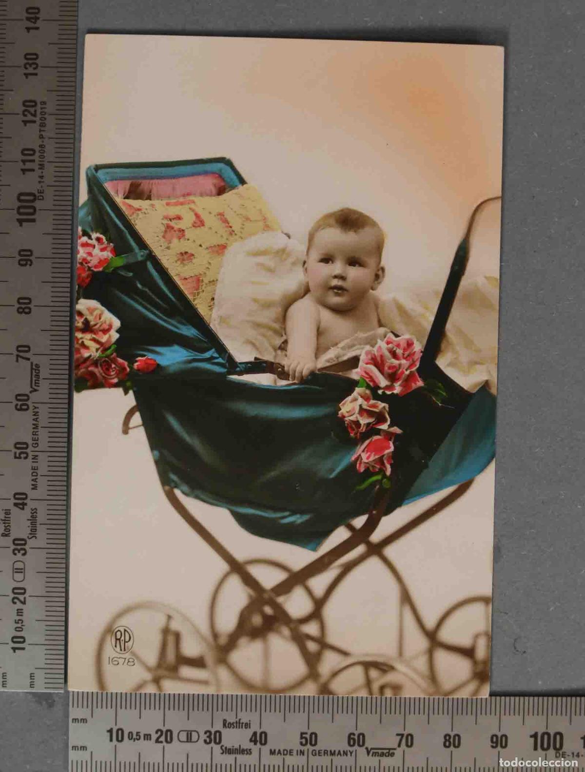 Alte Fotografie: POSTAL ILUMINADA. NI&Ntilde;O CARRO BEBE. RP 1678