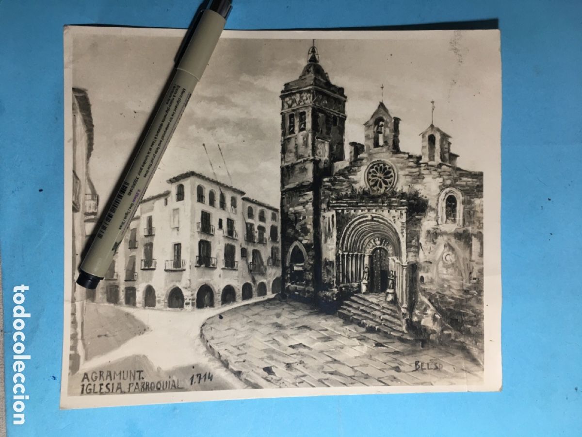 Fotograf&iacute;a antigua: AGRAMUNT ANTIGUA FOTO B/N DE DIBUJO/ DE BELSO 1714 ''IGLESIA PARROQUIAL''