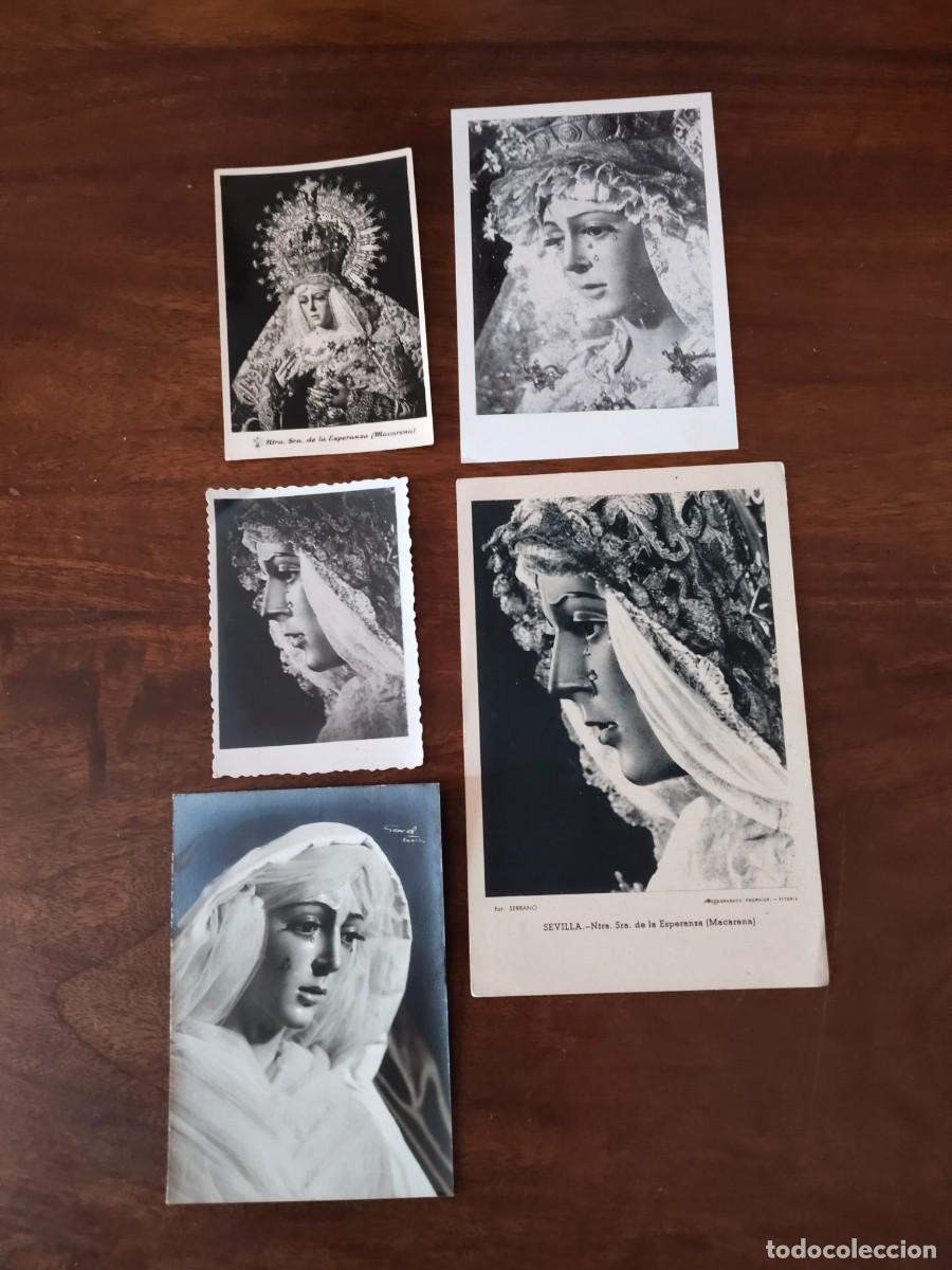 Fotograf&iacute;a antigua: 3 fotograf&iacute;as, 1 recordatorio y Postal de Nuestra Se&ntilde;ora de la Esperanza Macarena.