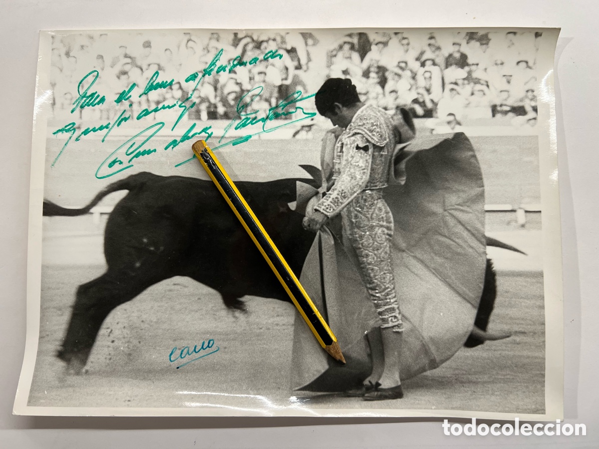 Alte Fotografie: TOROS ALICANTE. Cano, Canito, fotograf&iacute;a PACO CAMINO, pase Muletas por alto, aut&oacute;grafo dedicatoria