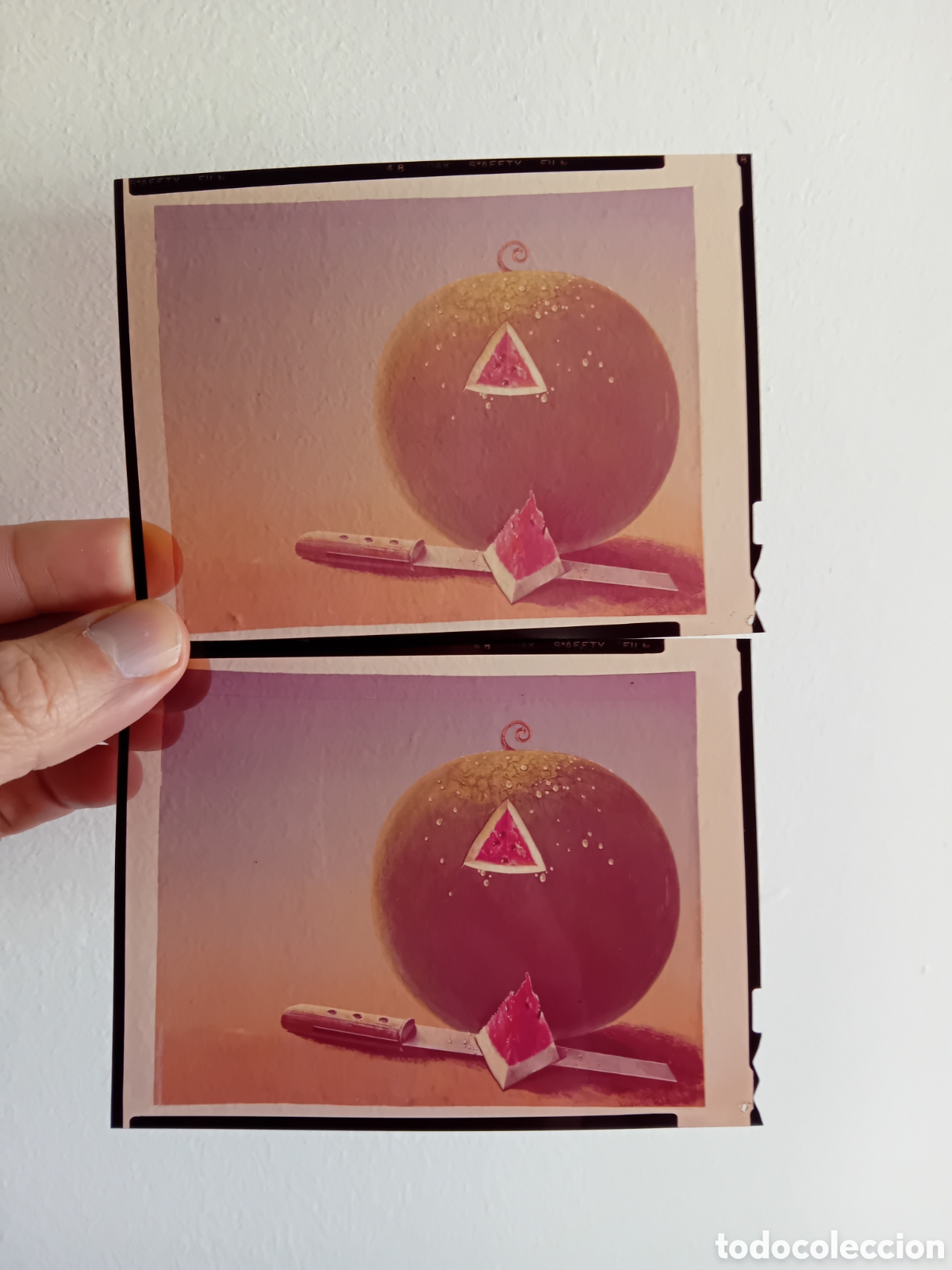 Fotograf&iacute;a antigua: DOS PLACAS DIAPOSITIVAS PUBLICITARIAS MEDIO FORMATO. ILUSTRACION SANDIA Y CUCHILLO. A&Ntilde;OS 70S