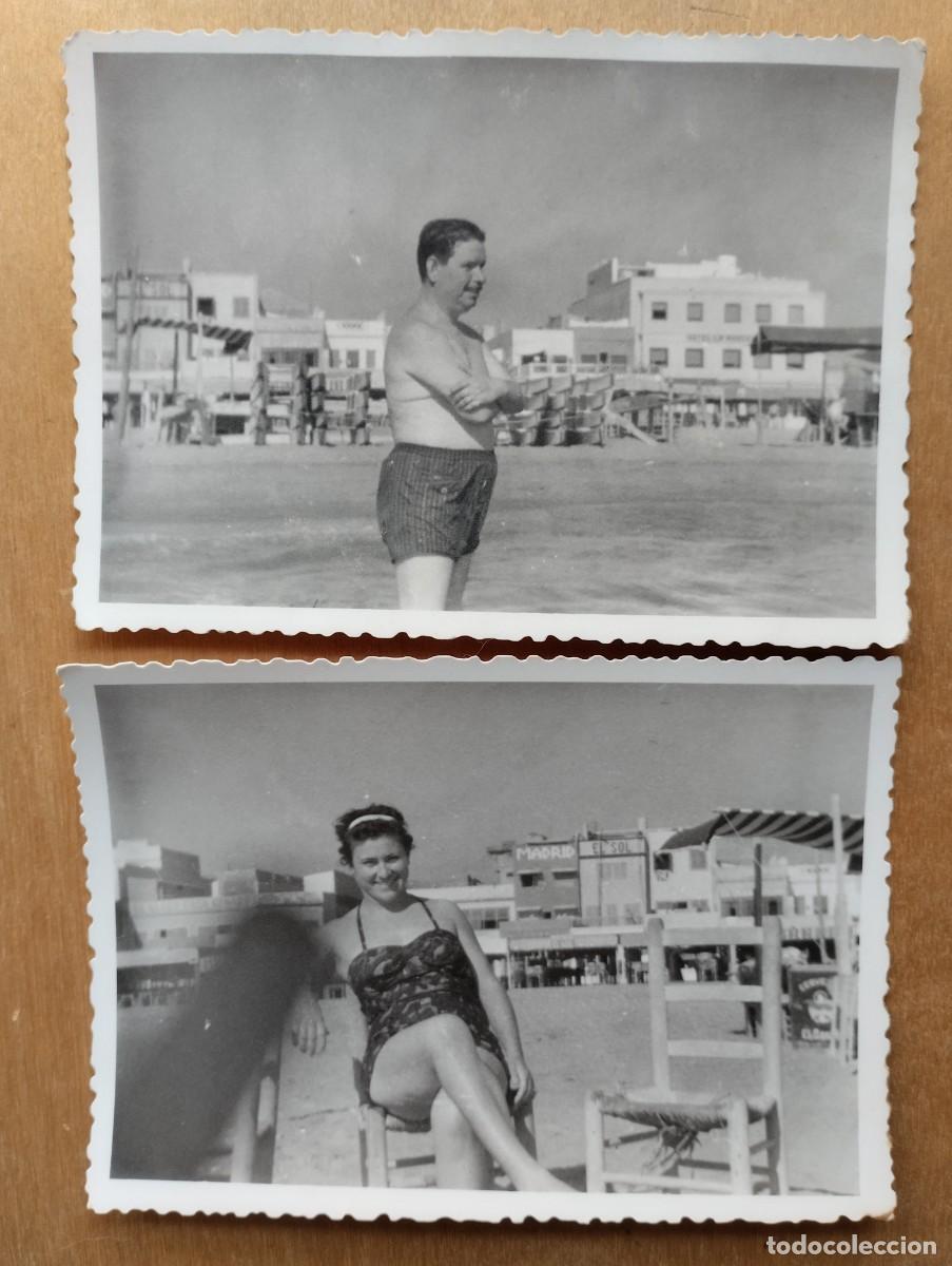 Fotograf&iacute;a antigua: Lote de fotograf&iacute;as antiguas de ba&ntilde;istas en la playa de las Arenas con hoteles de fondo. Valencia.