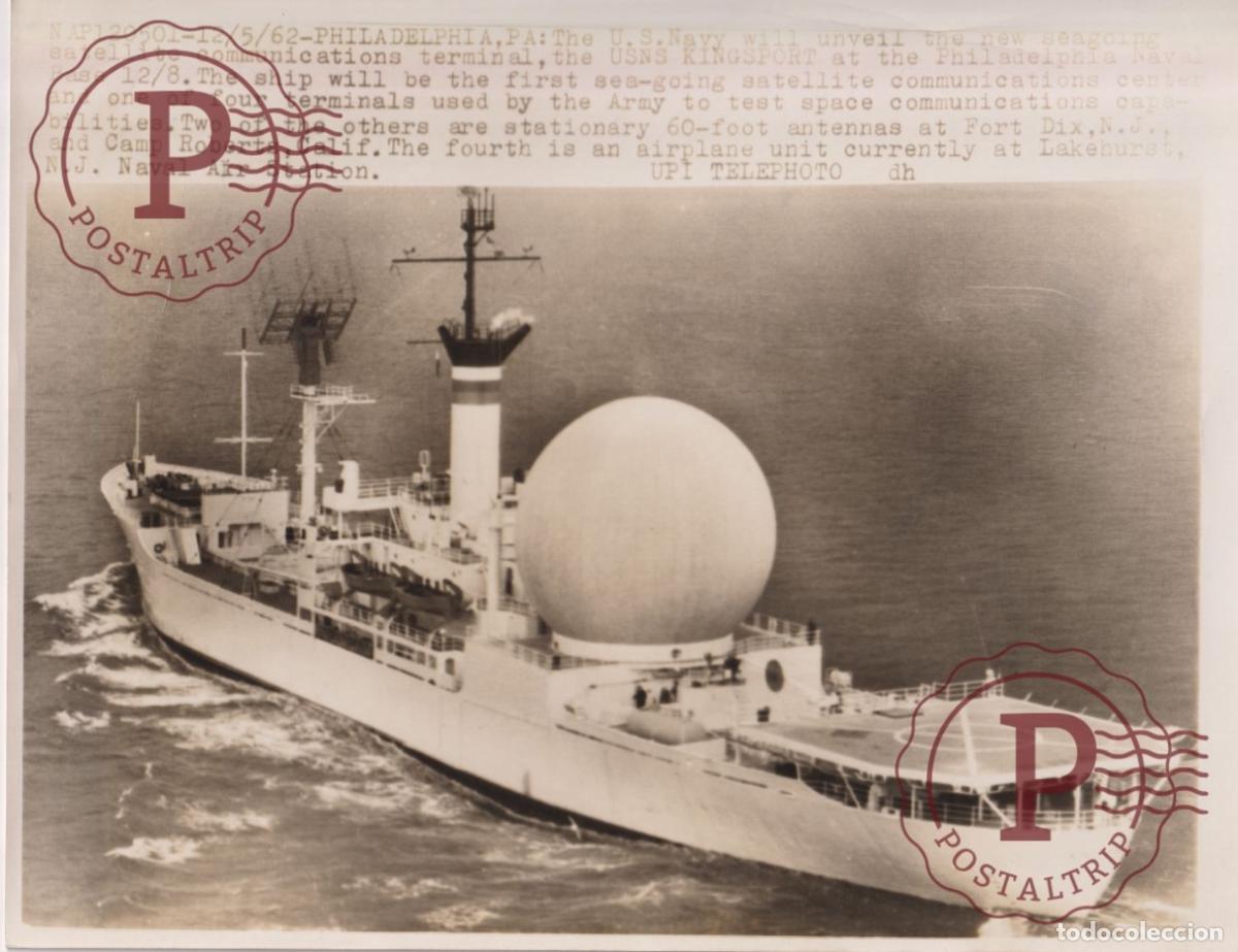 Fotograf&iacute;a antigua: PHILADELPHIA US NAVY SATELLITE COMMUNICATION USNS KINGSPORT 23X18CM FOTOGRAFIA PHOTO BARCO BOAT BAT