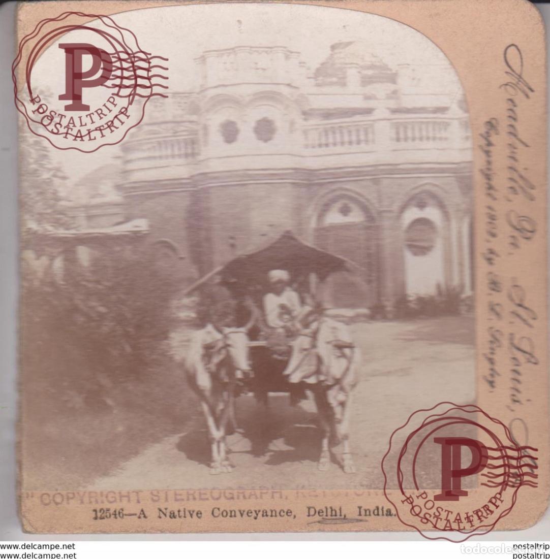 Fotografia antiga: A NATIVE CONVEYANCE BULLOCK CART DELHI INDIA inde india 9*9CM Fonds Victor FORBIN 1864-1947