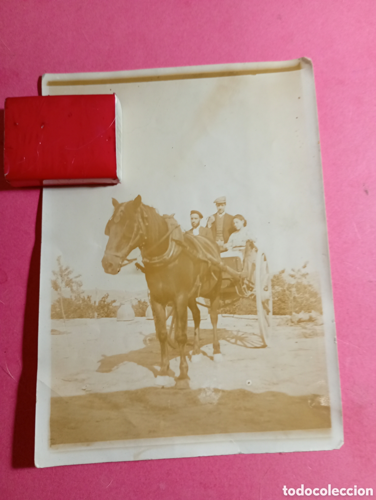 Fotograf&iacute;a antigua: CARRO SEMEJANTE A UNA CALESA DE PASEO TIRADO POR CABALLO CON Y MUJER Y DOS HOMBRES B/N 30/50&acute;s ca.