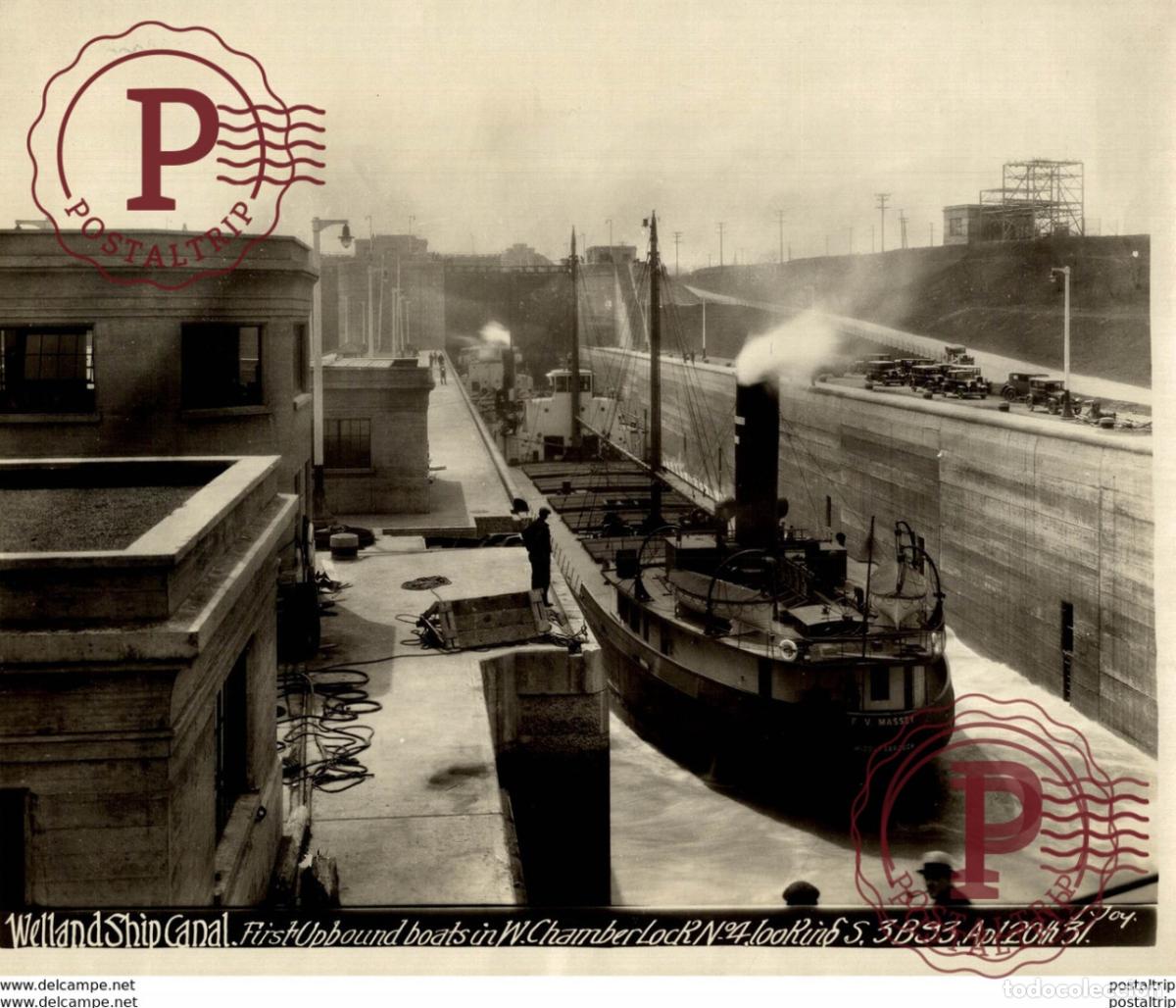 Fotograf&iacute;a antigua: THE WELLAND SHIP CANAL F V MASSEY MIDDLESBROUGH W CHAMBER LOCK 1931 CANADA RAILWAY 25*20CM Fonds Vic