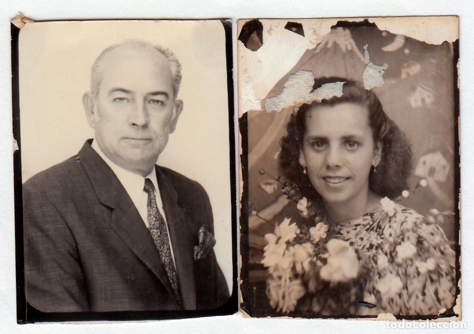 Fotograf&iacute;a antigua: 2 fotos. Fotomat&oacute;n. Caballero y dama con flores. A&ntilde;os 40 pc