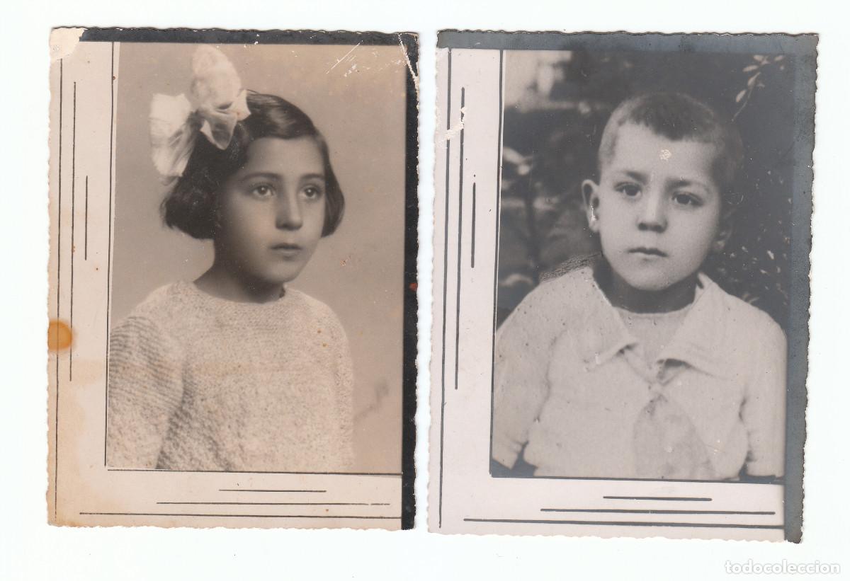 Fotograf&iacute;a antigua: 2 raras fotos. Ni&ntilde;a con gran lazo y ni&ntilde;o. A&ntilde;os 40? pc