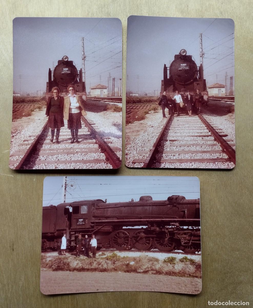 Photographie ancienne: Lote de fotograf&iacute;as de mujeres con la &uacute;ltima locomotora de vapor espa&ntilde;ola Mikado 141-F