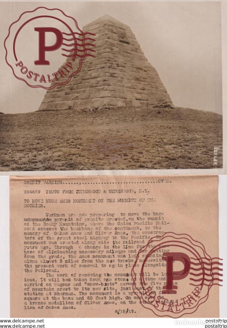 Fotograf&iacute;a antigua: MOVING HUGE PYRAMID OF GRANITE ROCKY MOUNTAINS UNION PACIFIC RAILWAYS OAKES AMES 21*16 CM Fonds Vic