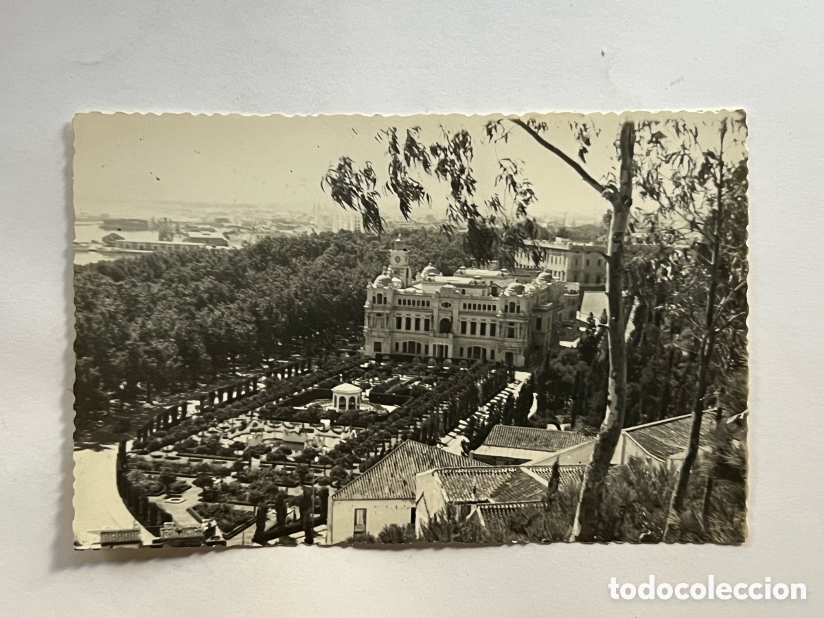 Fotograf&iacute;a antigua: MALAGA. Fotograf&iacute;a Jardines y Ayuntamiento. Vista panor&aacute;mica (h.1950?) Medidas: 14 x 9 cm.