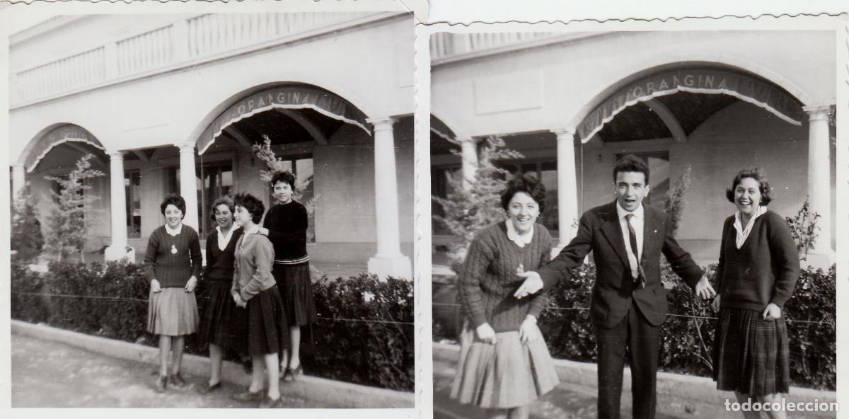 Fotograf&iacute;a antigua: 2 fotos. Chicas y chicos. Bar restaurante con toldos de Trinaranjus y Orangina. A&ntilde;os 60 pc