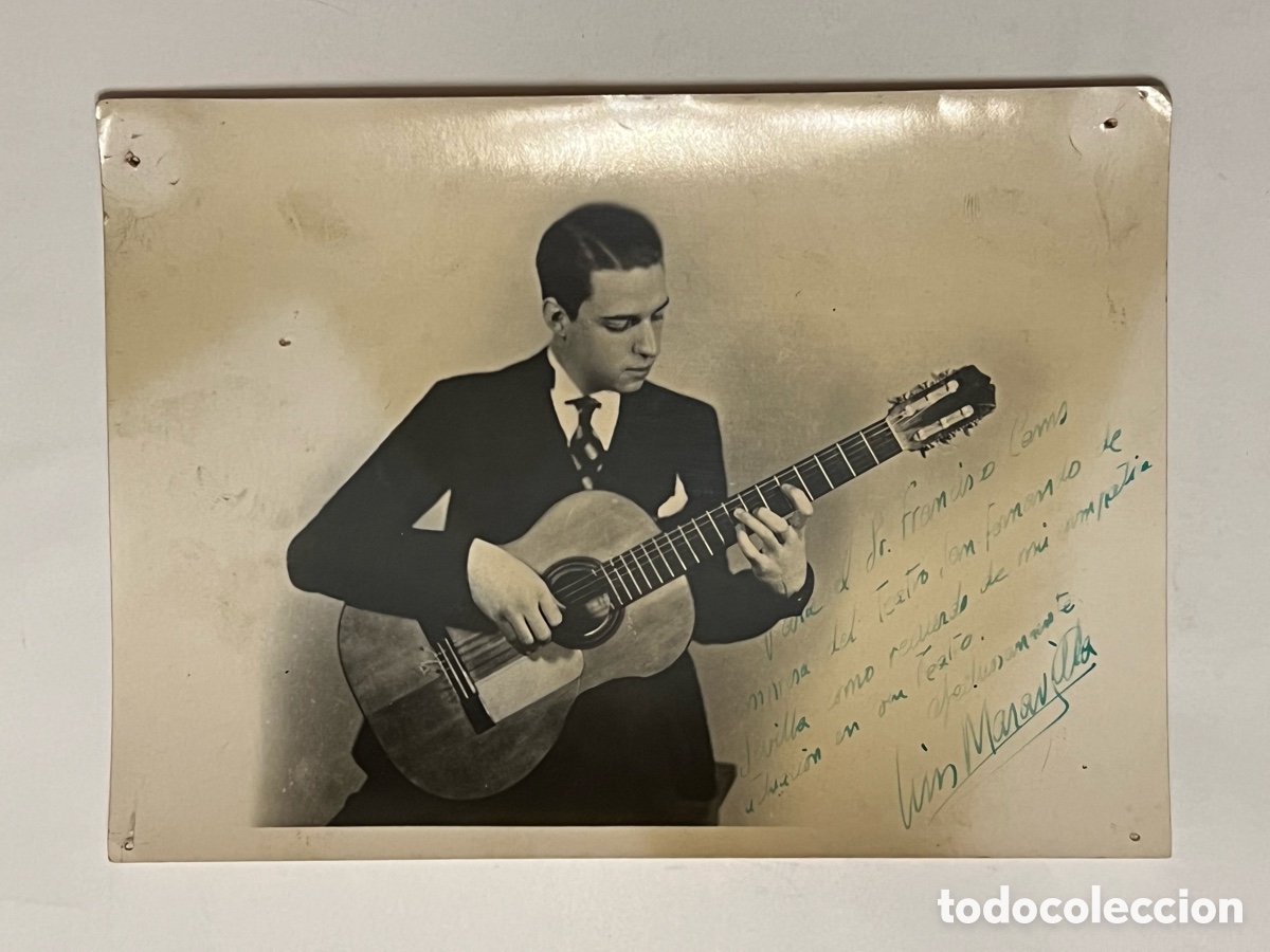 Fotograf&iacute;a antigua: LUIS MARAVILLA, Guitarrista, aut&oacute;grafo y dedicatoria al empresario del Teatro San Fernando, Sevilla