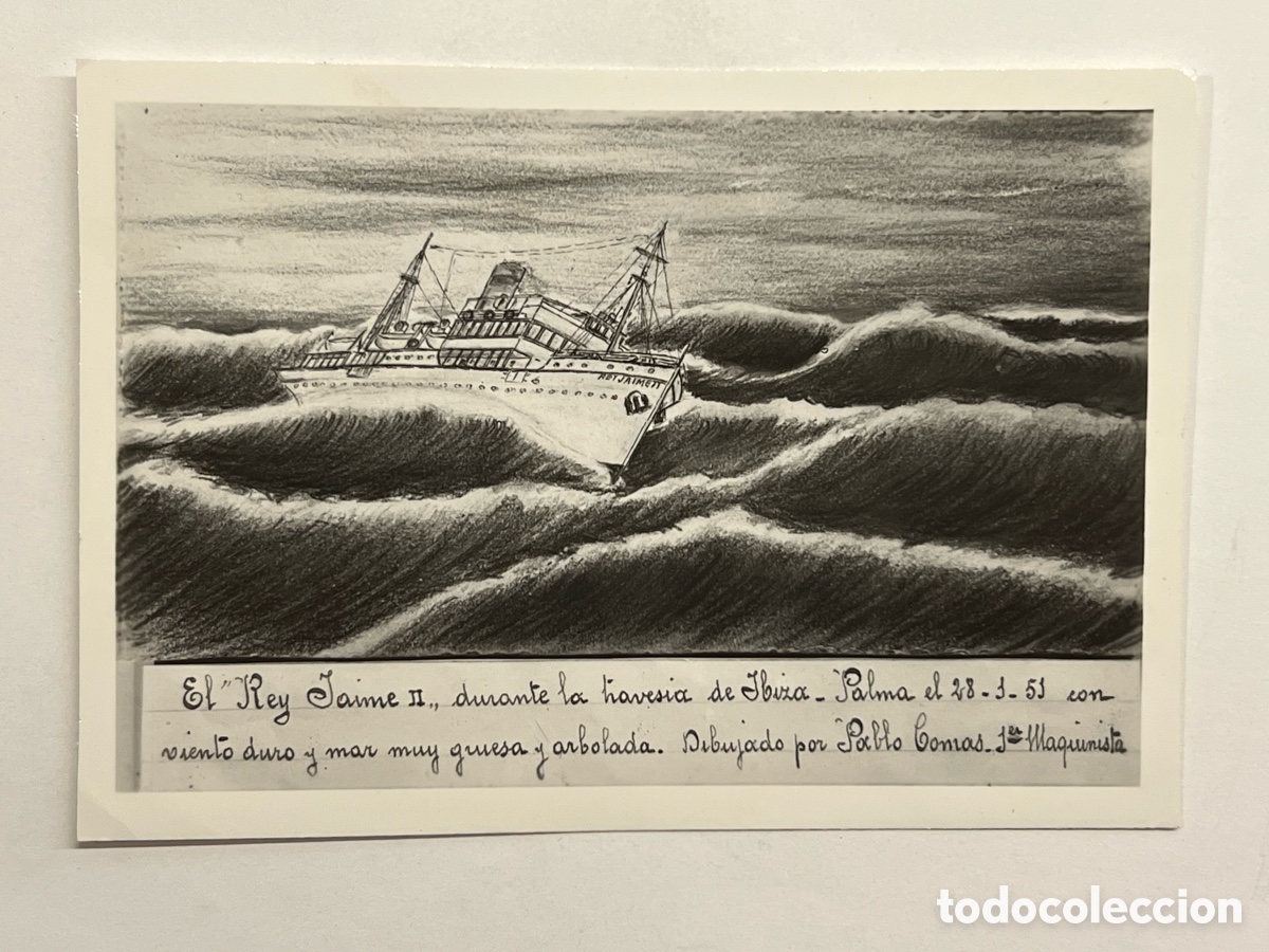 Fotograf&iacute;a antigua: El Rey Jaime II, durante la trav&eacute;sia de Ibiza Palma el 28-1-55. Dibujo, Pablo Comas. Navidad de 1971