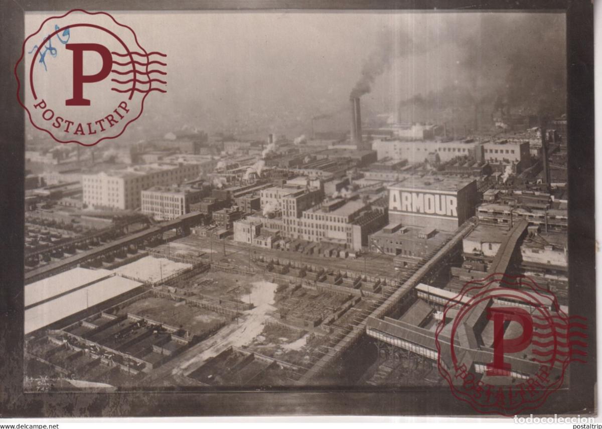 Fotograf&iacute;a antigua: CHICAGO AMOUR USA meatpacking industry Bird&rsquo;s Eye View, Armour & Co., Union Stock Yards 15*11CM