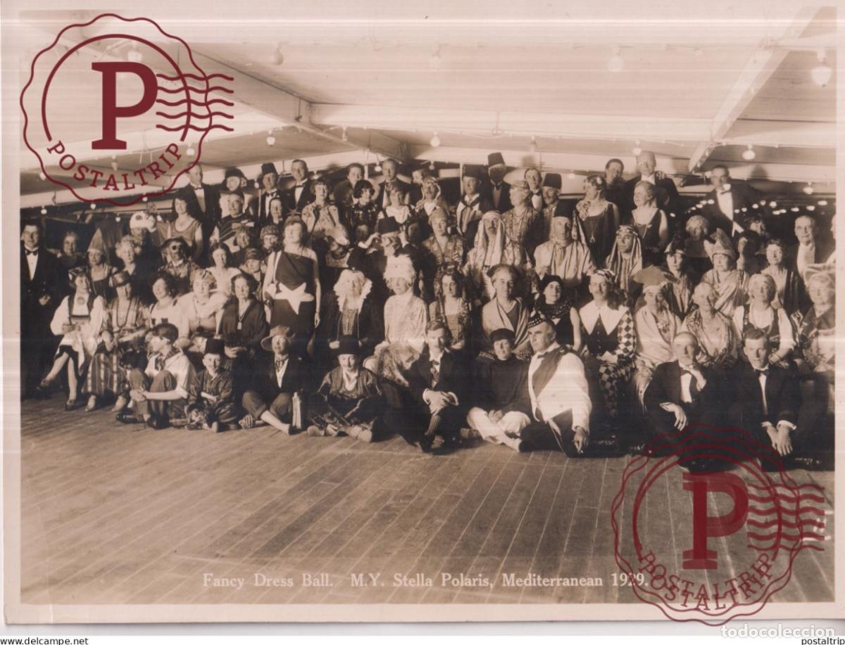 Photographie ancienne: FANCY DRESS BALL STELLA POLARIS MEDITERRANEAN NAVIRE 1929 PASSENGERS 23*17CM CARNAVAL