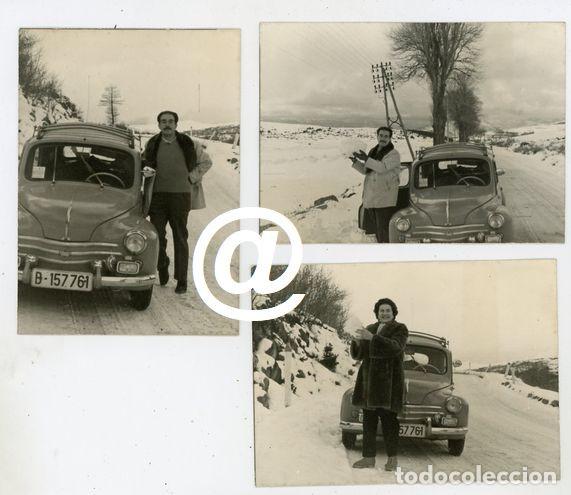 Fotograf&iacute;a antigua: 3 FOTOS COCHE AUTOMOVIL RENAULT 4CV MATRICULA BARCELONA A&Ntilde;OS 50