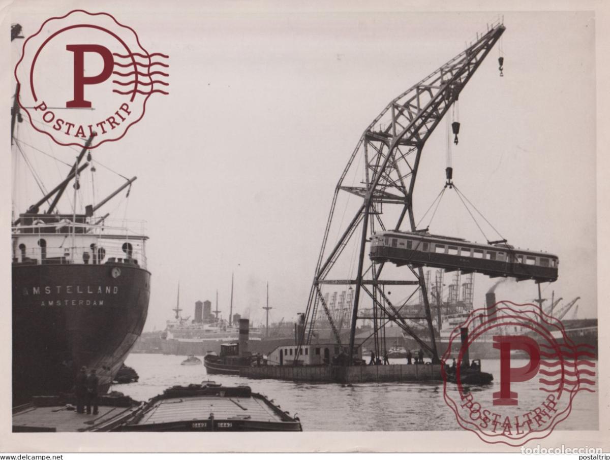 Alte Fotografie: 1935 AMSTERDAM HOLLAND HEAVY EXPORT ELECTRIC TRAINS TO SOUTH AMERICA AMSTELLAND 24*18CM GRUE CRANE