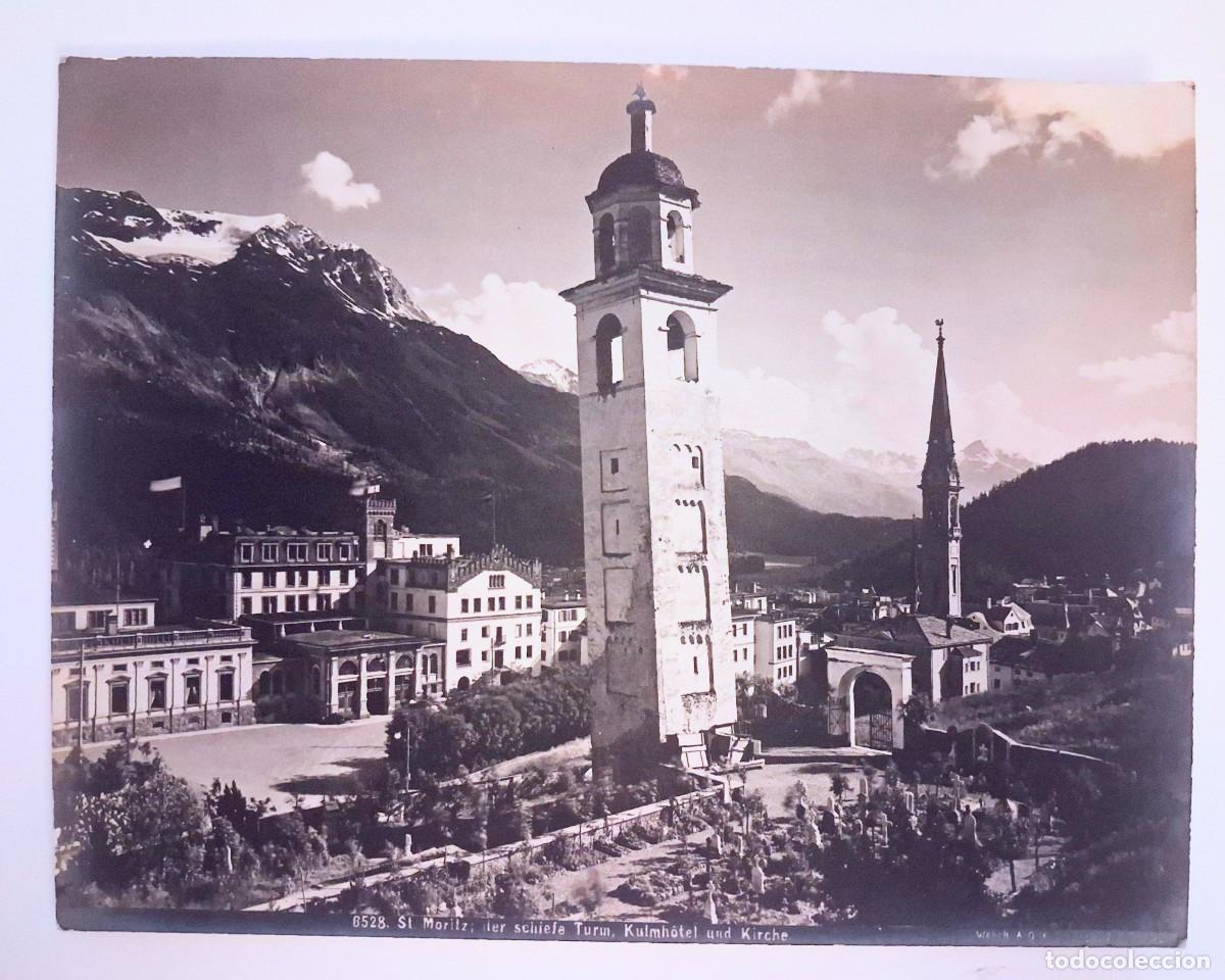 Fotograf&iacute;a antigua: Fotografia antigua St. Moritz, la torre inclinada el hotel Kulm y la iglesia, Suiza