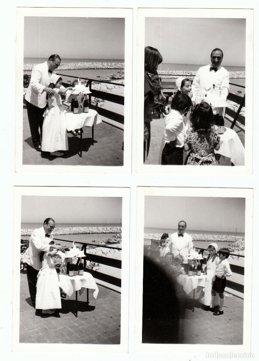 Fotograf&iacute;a antigua: 4 fotos. Convite de Comuni&oacute;n en el puerto de Val&egrave;ncia?. Camarero sirviendo la tarta. A&ntilde;os 50-60 sv