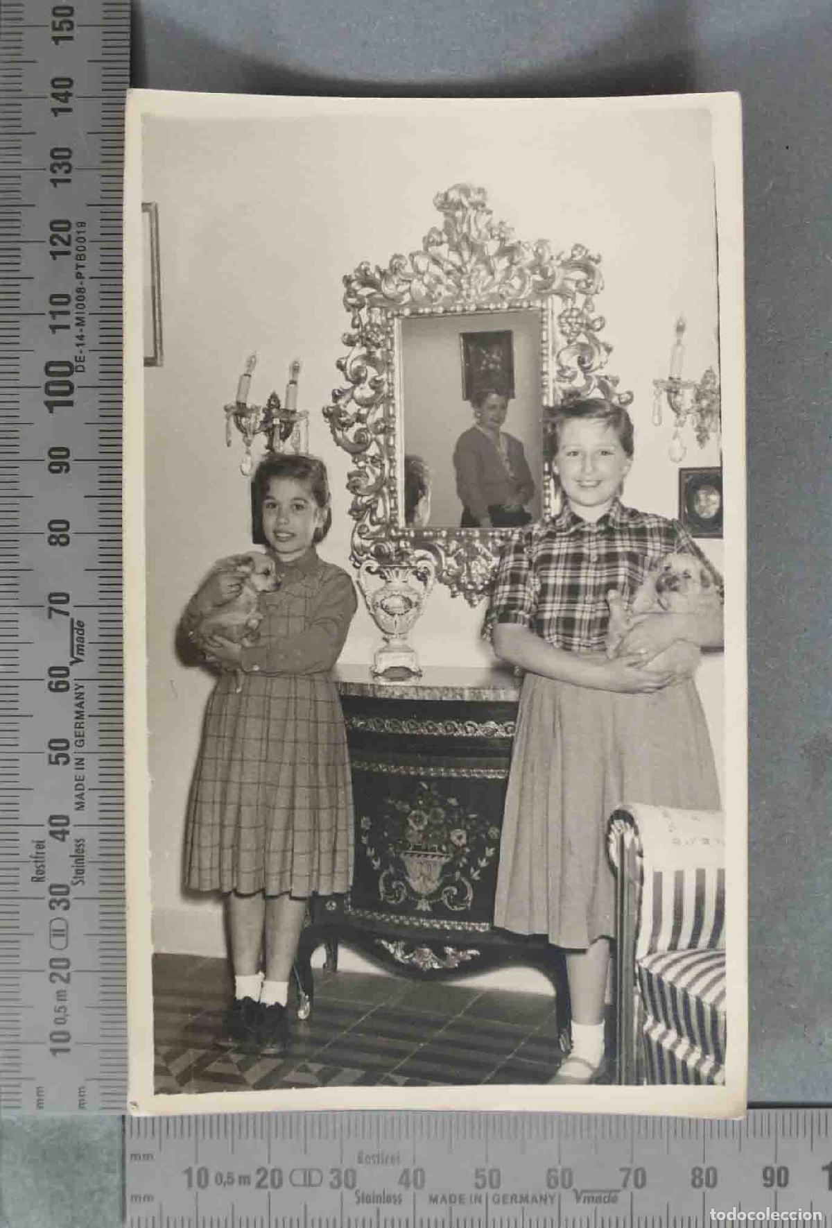 Antique Photography: FOTOGRAFIA. Dos ni&ntilde;as con faldas sosteniendo perros peque&ntilde;os frente a un espejo HACIA 1950